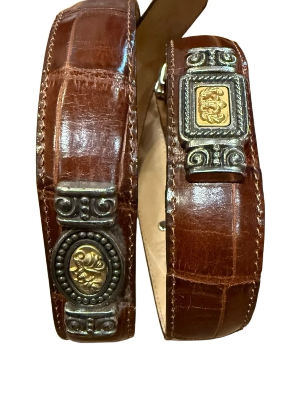 90s Vintage Brighton Museum Croc Embossed Leather Coins Brass Belt Size Medium